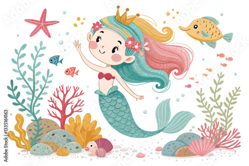 A charming mermaid princess with vibrant, flowing hair surrounded by enchanting undersea elements.
