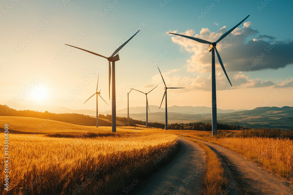 Obraz premium Eine Allee von Windkraftanlagen entlang einer Landstraße, umgeben von goldenen Weizenfeldern in der Abendsonne