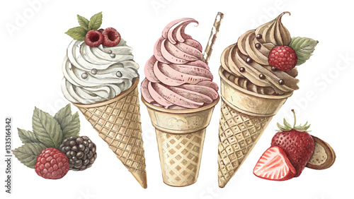 A collection of various ice cream types illustrated in a hand-drawn vintage engraved style.
