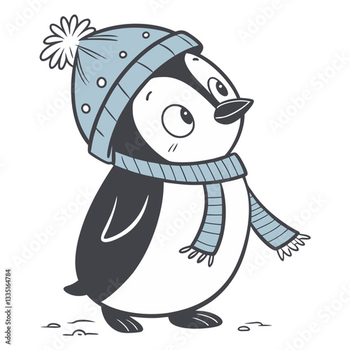 A cute little penguin wearing a cozy blue hat, standing alone against a white background.
