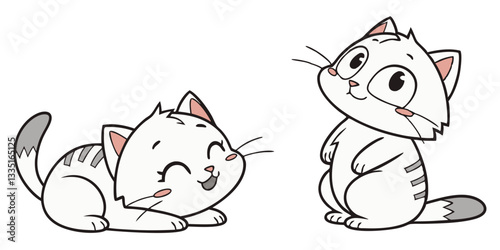 A collection of playful cartoon cats in various simple and friendly poses, showcasing adorable pet actions.
