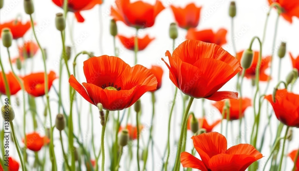 Obraz premium Crimson poppies, vibrant red petals, lush green stems, isolated on white, background, stock photo
