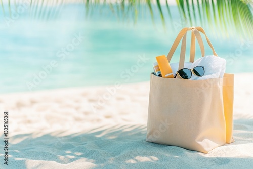 close-up shot of beach bag filled with sunscreen sunglasses and towel artfully arranged on warm sand under shade of