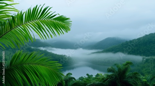Lush tropical landscape with misty mountains and calm water reflecting the overcast sky in a serene environment