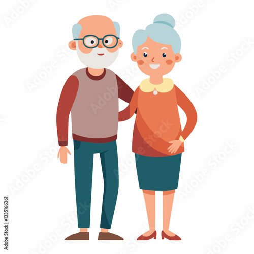 An elderly man and woman with glasses, standing or strolling arm in arm, sharing a warm and loving moment.
