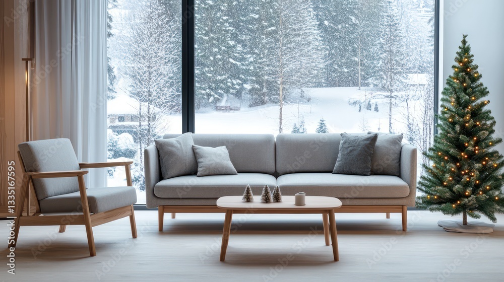 A minimalist Scandinavian-style living room with a soft gray sofa, a wooden armchair, and a light wood coffee table