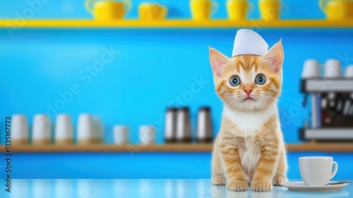 Cute ginger kitten barista in a cafe setting, wearing a small chef's hat and sitting by a coffee cup