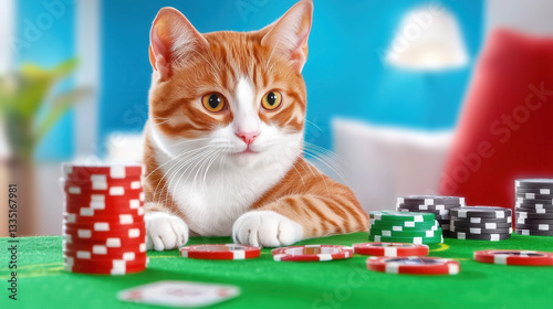Ginger cat playing poker at casino table