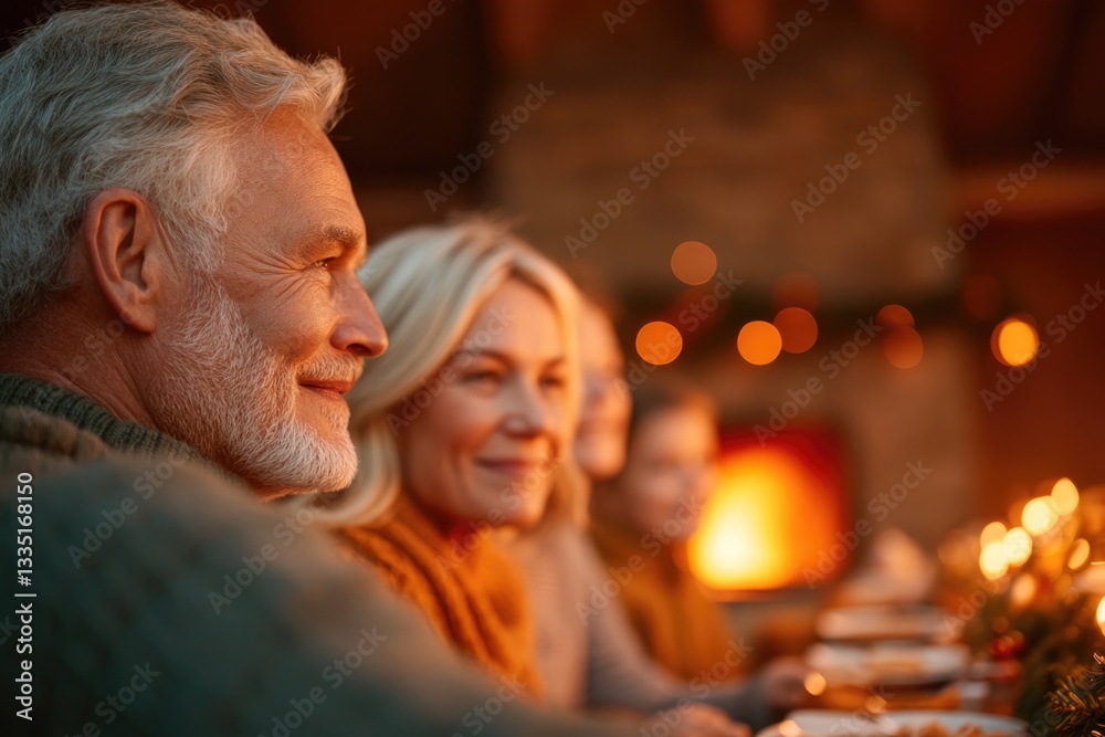 multi-generational family gathers around large decorated table set for festive holiday celebration multi-generational family gathers around large decorated table set for festive holiday celebration