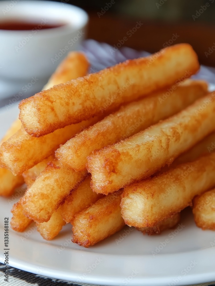 Golden Fries: A Culinary Still Life of Crispy Potato Perfection, Served with a Side of Tangy Sauce, a Delicious Indulgence on a White Plate. Golden Fries: A Culinary Still Life of Crispy Potato Perfection, Served with a Side of Tangy Sauce, a Delicious Indulgence on a White Plate.