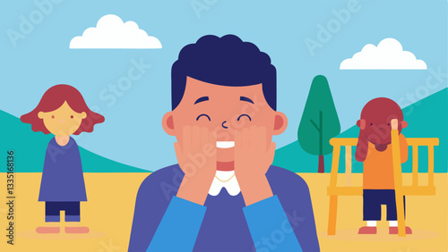 Mocking Laughter A student hiding their face in their hands while being laughed at by two other students with a background of a playground setting.