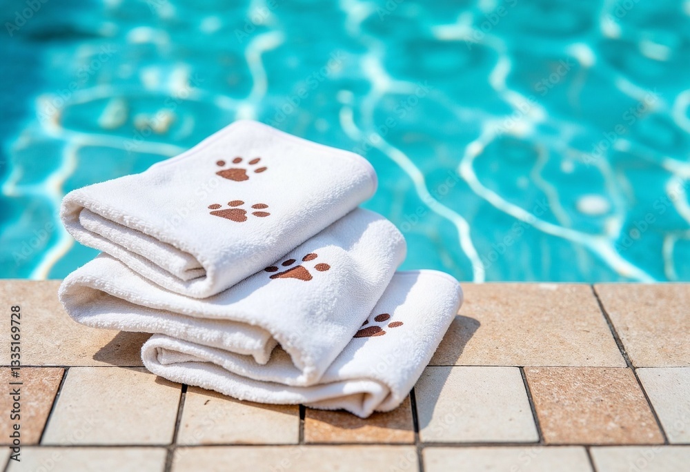 White towels with paw print embroidery placed on a deck of a pet friendly pool