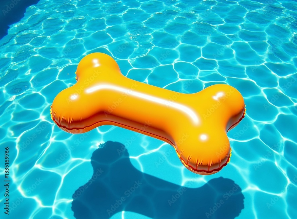 brightly colored pool float shaped like a bone, floating alone on clear blue water in the pool