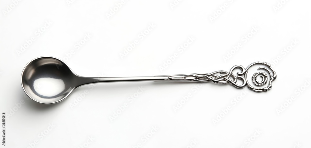 Metal spoon with designed handle on white background. Steel mixing utensil tool for bar. Silver metallic equipment for bartender accessories. Modern spoon for party, event or restaurant. Metal spoon with designed handle on white background. Steel mixing utensil tool for bar. Silver metallic equipment for bartender accessories. Modern spoon for party, event or restaurant.
