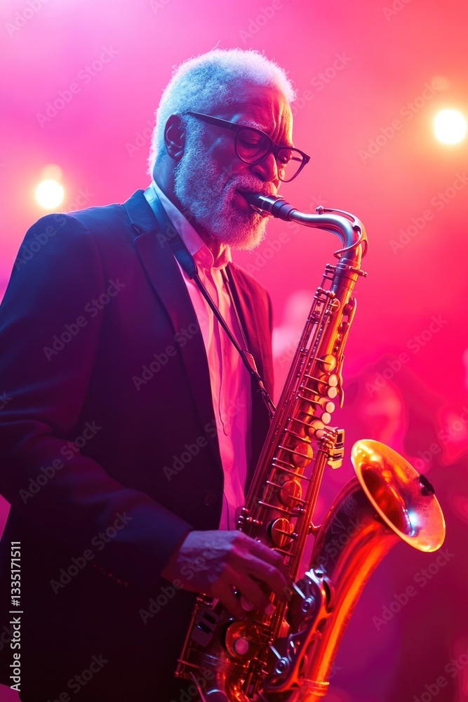 Fototapeta premium vibrant jazz scene with energetic saxophonist playing soulful tunes in dim intimate club setting