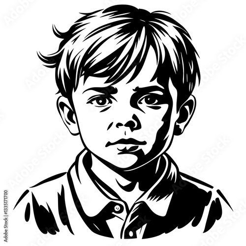 a black and white illustration of a young boy with a serious expression on his face. His hair is tousled and he is wearing a collared shirt