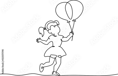 Girl with the balloons, birthday greeting card, Continuous one line drawing,