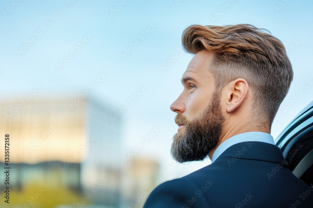 young professional stepping into shared car parked by modern office complex with clean urban background and ample copy young professional stepping into shared car parked by modern office complex with clean urban background and ample copy