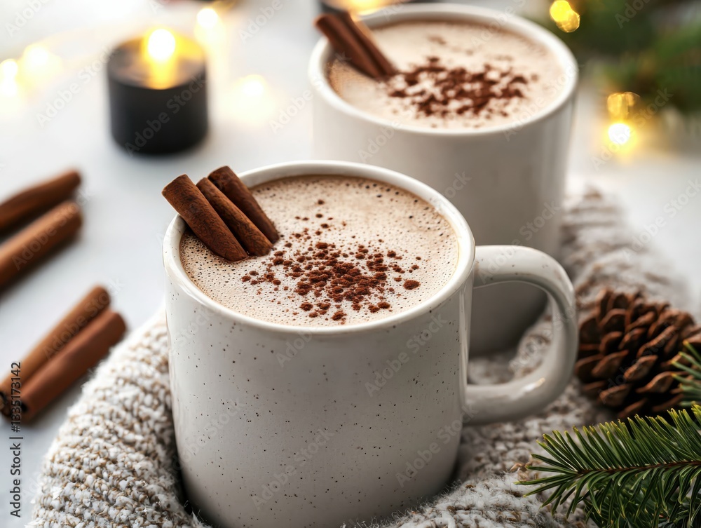 Cozy winter cocoa drinks in mugs on a festive table closeup perspective soft lighting seasonal comfort Cozy winter cocoa drinks in mugs on a festive table closeup perspective soft lighting seasonal comfort
