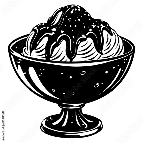 a black and white drawing of an ice cream sundae, in a decorative bowl vector illustration