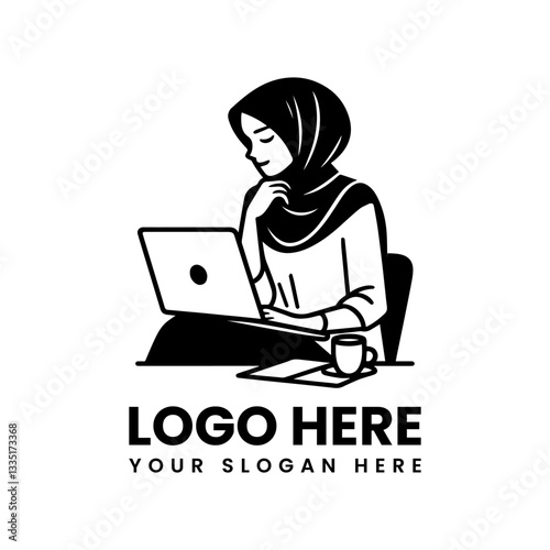 Stylized Muslim woman with laptop vector logo, modern remote work and digital nomad illustration