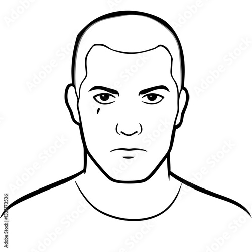 a close-up line art portrait of a man, his face expressing sadness and a teardrop falling vector illustration