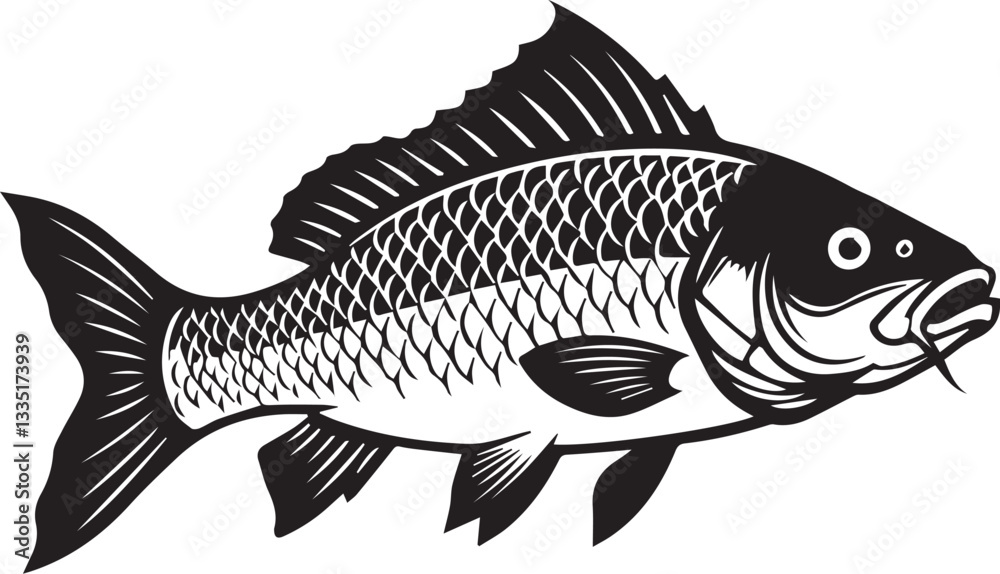 Obraz premium A Freshly Caught Carp Triumphantly Displayed In A Bold Black And White Illustration, Encircled By A Fishing Line, Showcasing A Classic Fishing Achievement Isolated on Transparent Background
