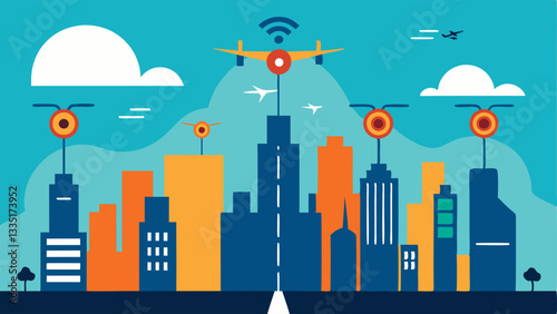 Smart City Integration A futuristic skyline where drones are seamlessly integrated into the traffic flow with designated air lanes marked above the streets showing the harmony