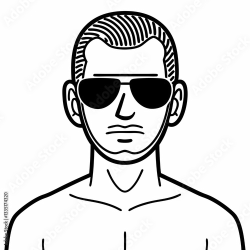 a man wearing sunglasses, a minimalist and graphic image of a person with a serious expression