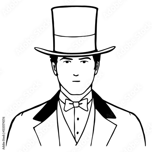 a gentleman in formal attire, wearing a top hat and bow tie. The illustration is a classic, sophisticated image of a man dressed for a special occasion