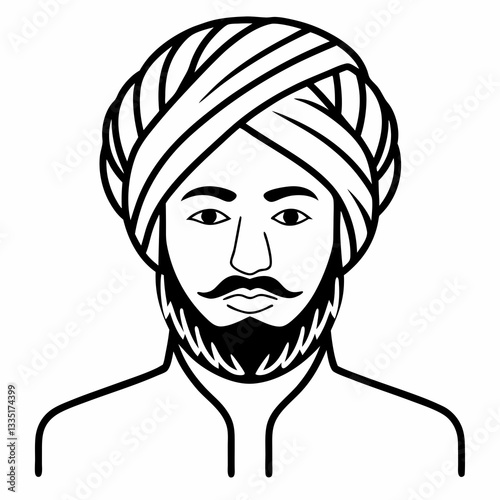 a front view illustration of a man wearing a turban with a mustache and a beard