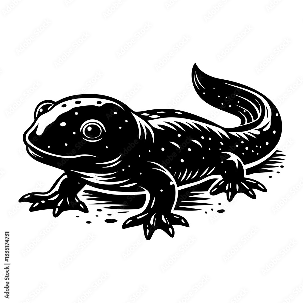 a charming black and white illustration of a newt with intricate details, showcasing its unique characteristics. The newt is positioned to show of its form