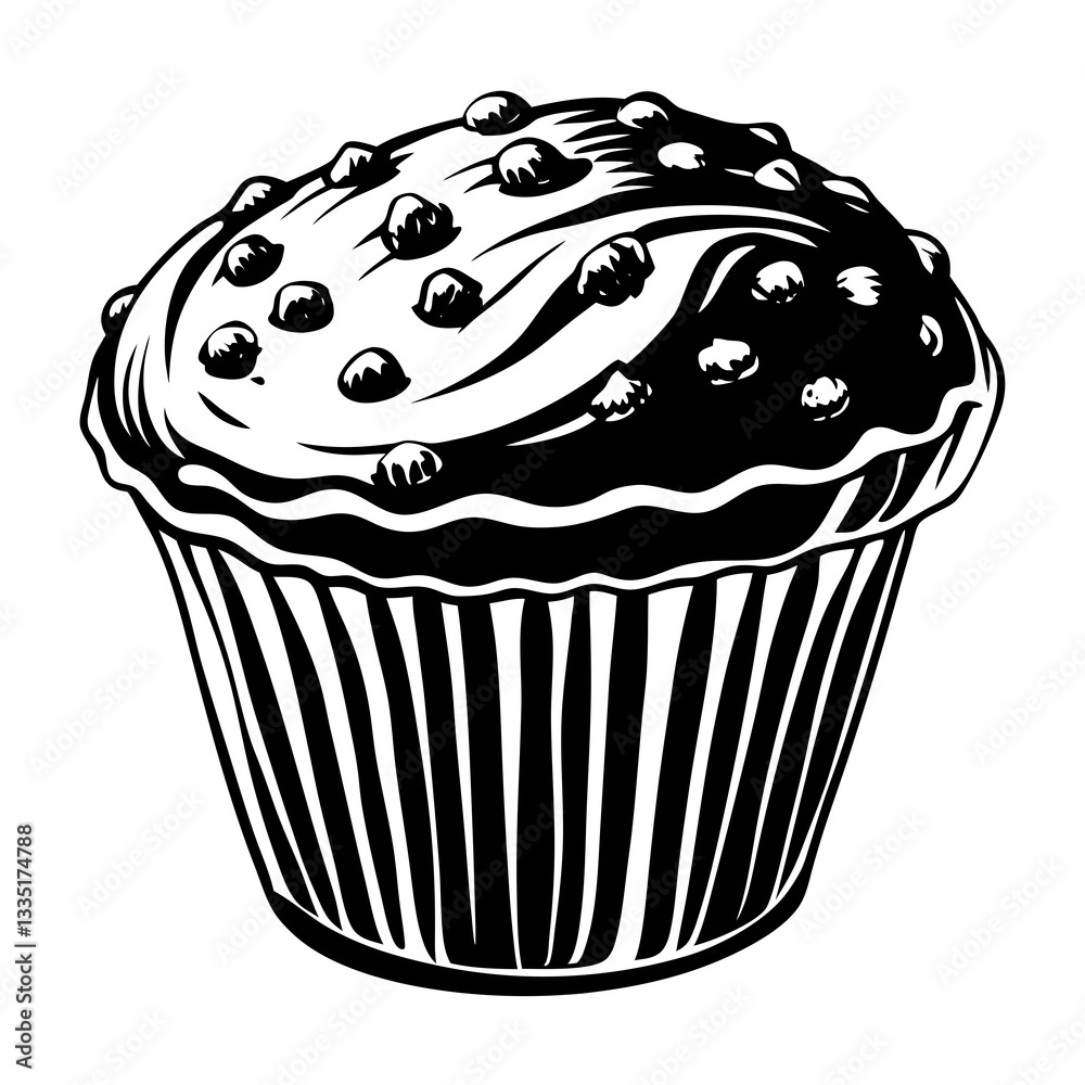 a detailed monochrome illustration of a delicious chocolate chip muffin a detailed monochrome illustration of a delicious chocolate chip muffin