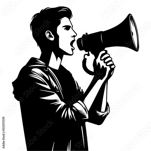 Black and white silhouette of a man with a megaphone. Vector graphics. EPS.