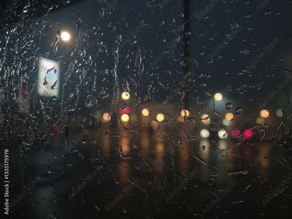 Obraz premium Rain-streaked window, condensation, steamy night, urban, reflection, winter