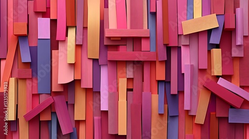 Colorful wooden shapes arranged on the surface in vertical patterns