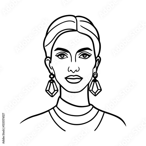 a line drawing portrait of a stylish woman with elegant earrings, staring directly at the viewer. Her haircut is modern and sophisticated