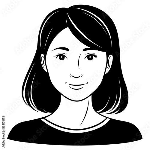 a simple illustration of a smiling woman, shown from the shoulders up, with a cheerful expression and neat, dark hair vector illustration