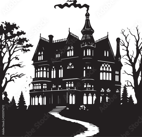 A Mysterious Victorian Mansion Shrouded In Shadows On A Moonless Night, A Winding Path Leading To Its Ominous Entrance, Stark Black And White Silhouette Style Isolated on Transparent Background