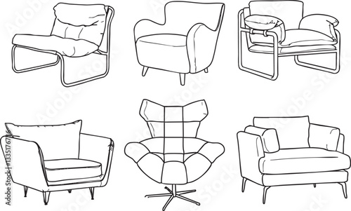 Illustrations fauteuils styles différents design intérieur décoration traits noir vecteur