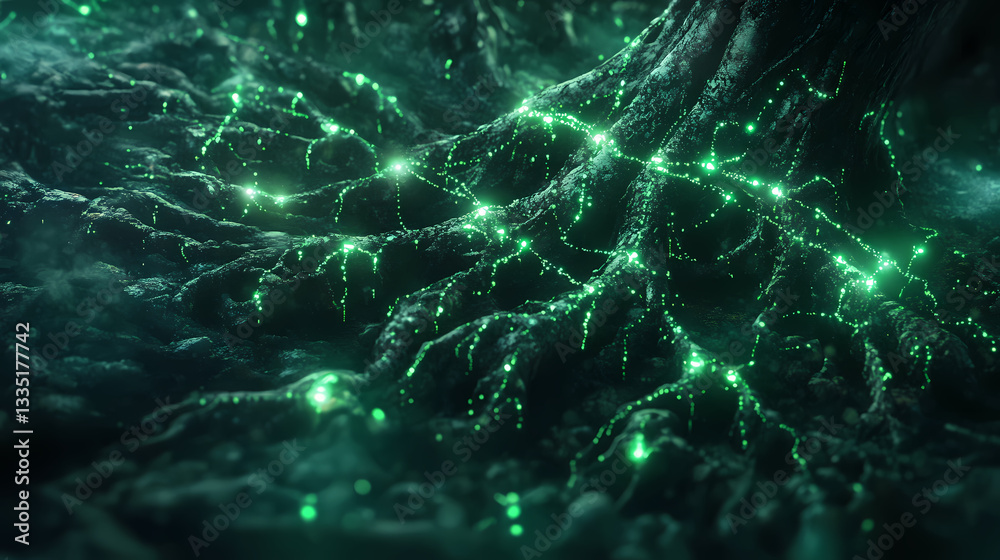 Intertwining tree roots and glowing nodes represent green ai intelligence in a highly detailed and cinematic visual experience. Rooted Intelligence. Illustration Intertwining tree roots and glowing nodes represent green ai intelligence in a highly detailed and cinematic visual experience. Rooted Intelligence. Illustration