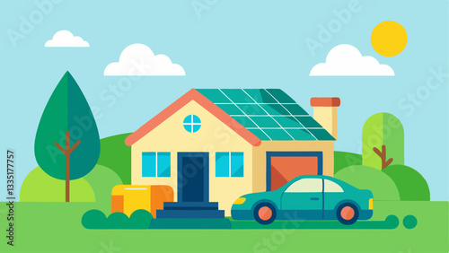 Residential Area A cozy neighborhood scene showing an electric sedan charging at a homes driveway with solar panels on the roof surrounded by green grass and colorful flowers.