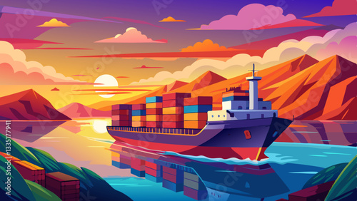 A cargo ship sails across a tranquil sea at sunset, showcasing vibrant colors and serene waters, perfect for maritime themes.