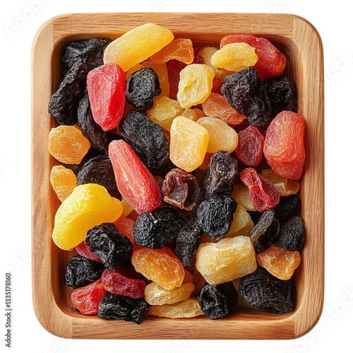 A close-up of a dried fruit medley in a wooden tray, isolated on a white transparent background.