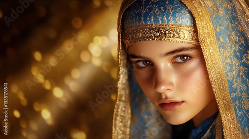 Esther in Royal Attire with Biblical Characters in Blurred Background