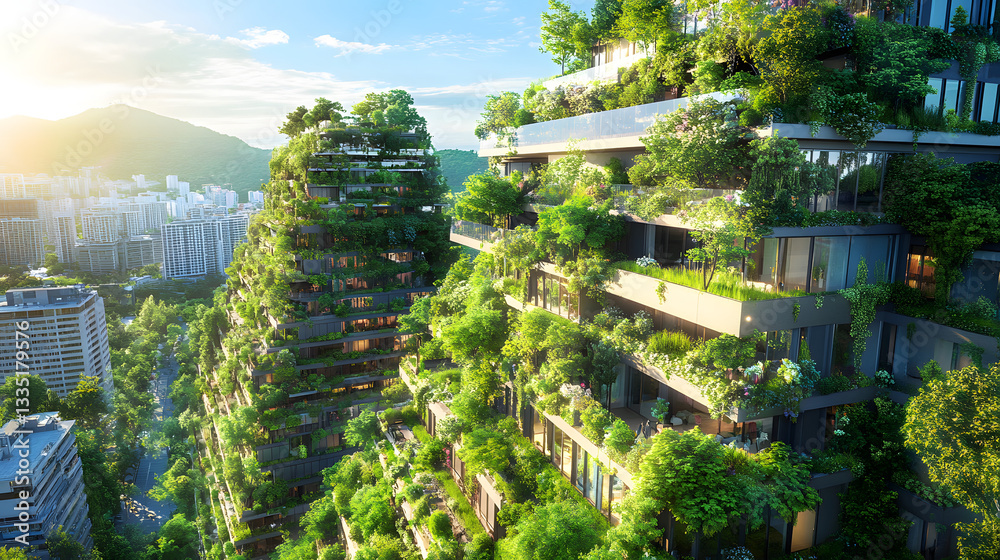 Fototapeta premium An environmentally friendly city featuring rooftop gardens, vertical forests, and a network of green public spaces that help to reduce the urban heat island effect and increase biodiversity.