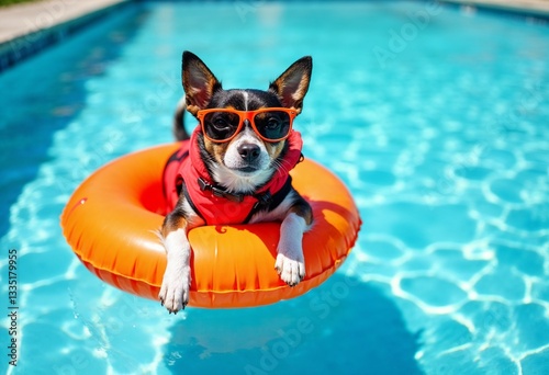 a dog wearing sunglasses and swim jacket relaxing in the vibrant orange rubber float swimming across the pool