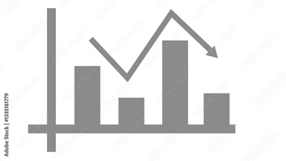 Bar Chart with Downward Trend Arrow, Gray bar chart with a downward arrow indicating a decline in data Bar Chart with Downward Trend Arrow, Gray bar chart with a downward arrow indicating a decline in data