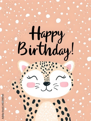 Happy Birthday Card with a cute Leopard Illustration on a blush Background