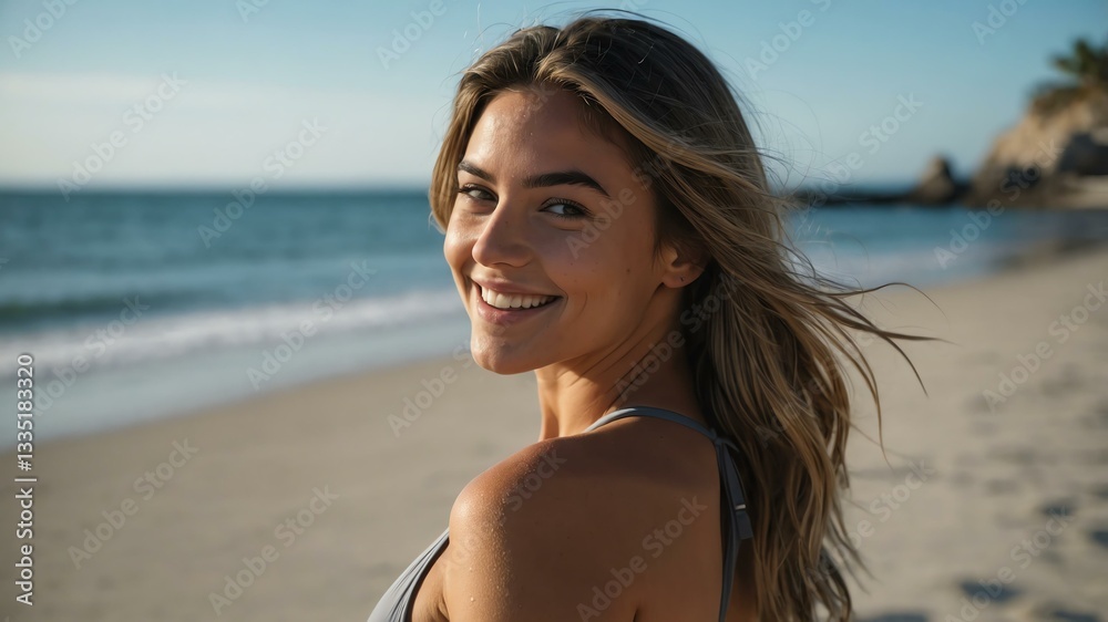 Good-looking young american gal in gray themed swimwear on a beach smiling Good-looking young american gal in gray themed swimwear on a beach smiling